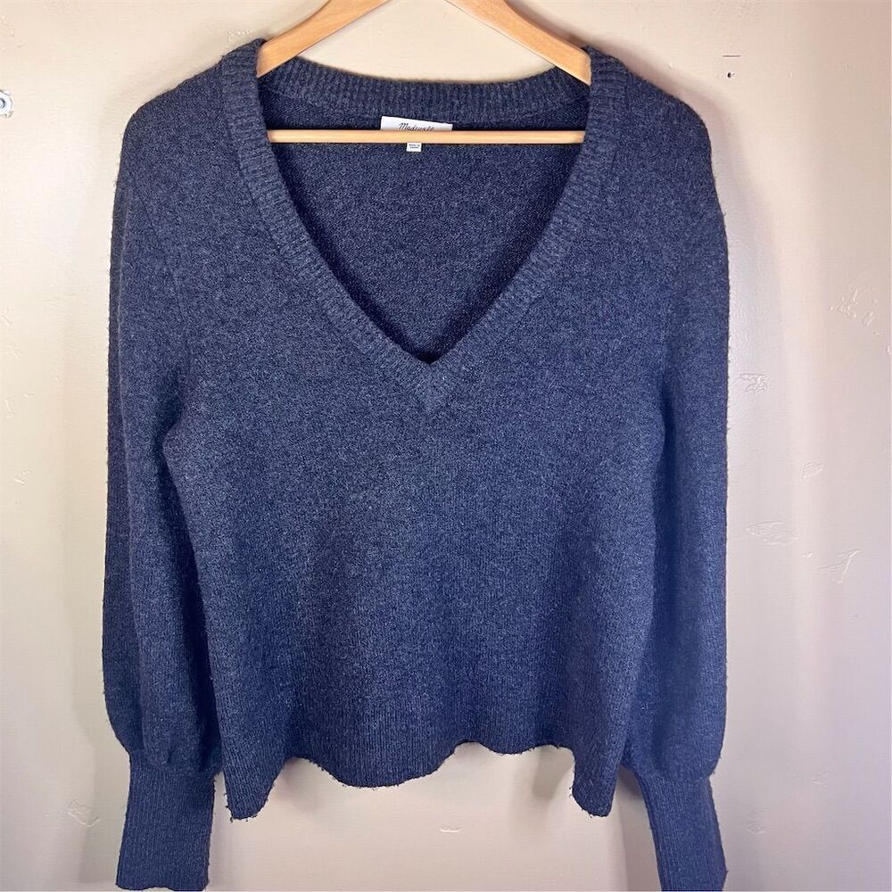 Madewell Charcoal Gray VNeck Puff Sleeve Wool Womens Sweater Classic Size Medium
